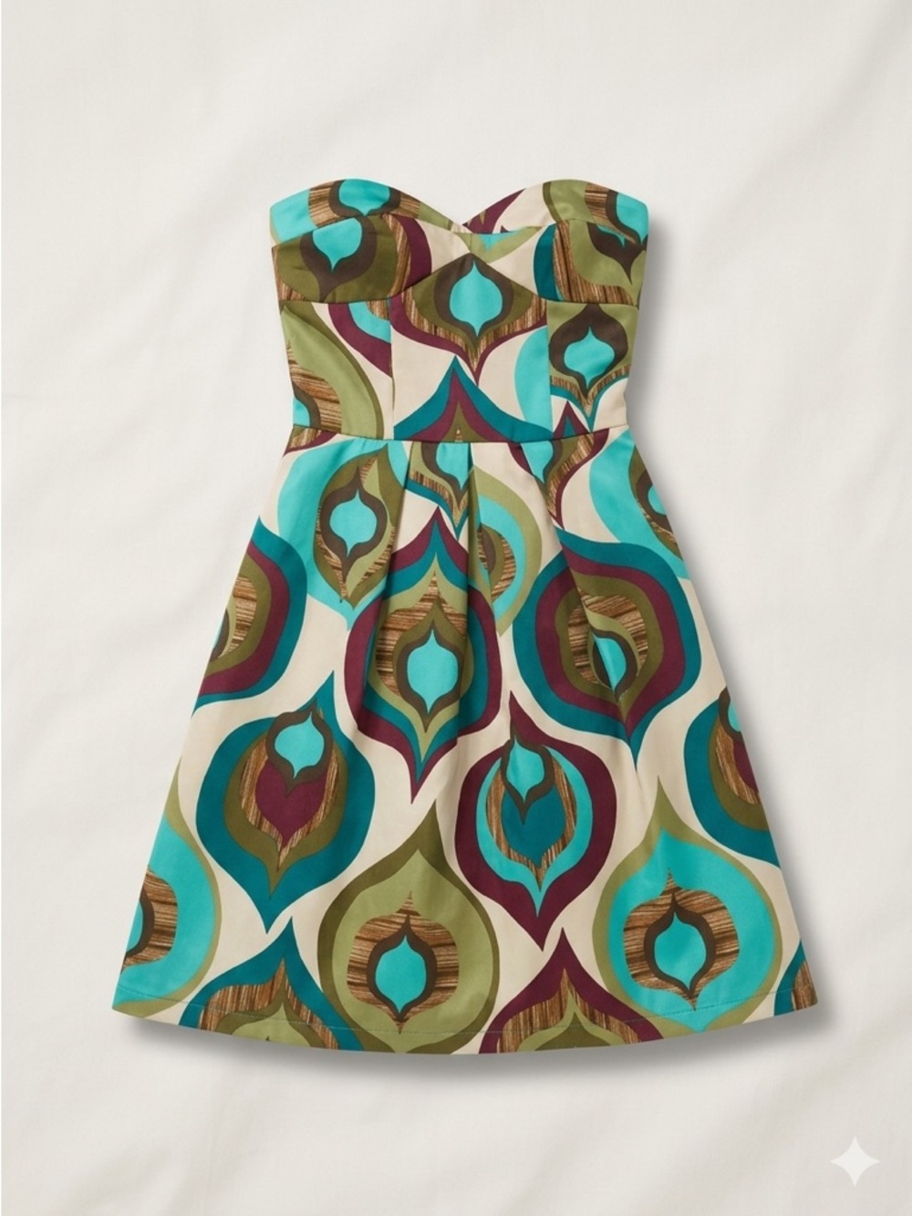 Strapless Printed Fit-and-Flare Dress in Teal, Olive & Cream